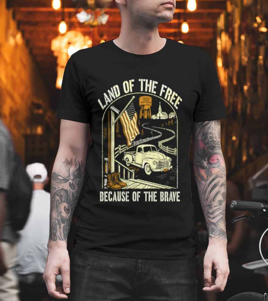 Land Of The Free Because Of The Brave American Patriotic Farm Truck With Flag And Country Landscape T-Shirt