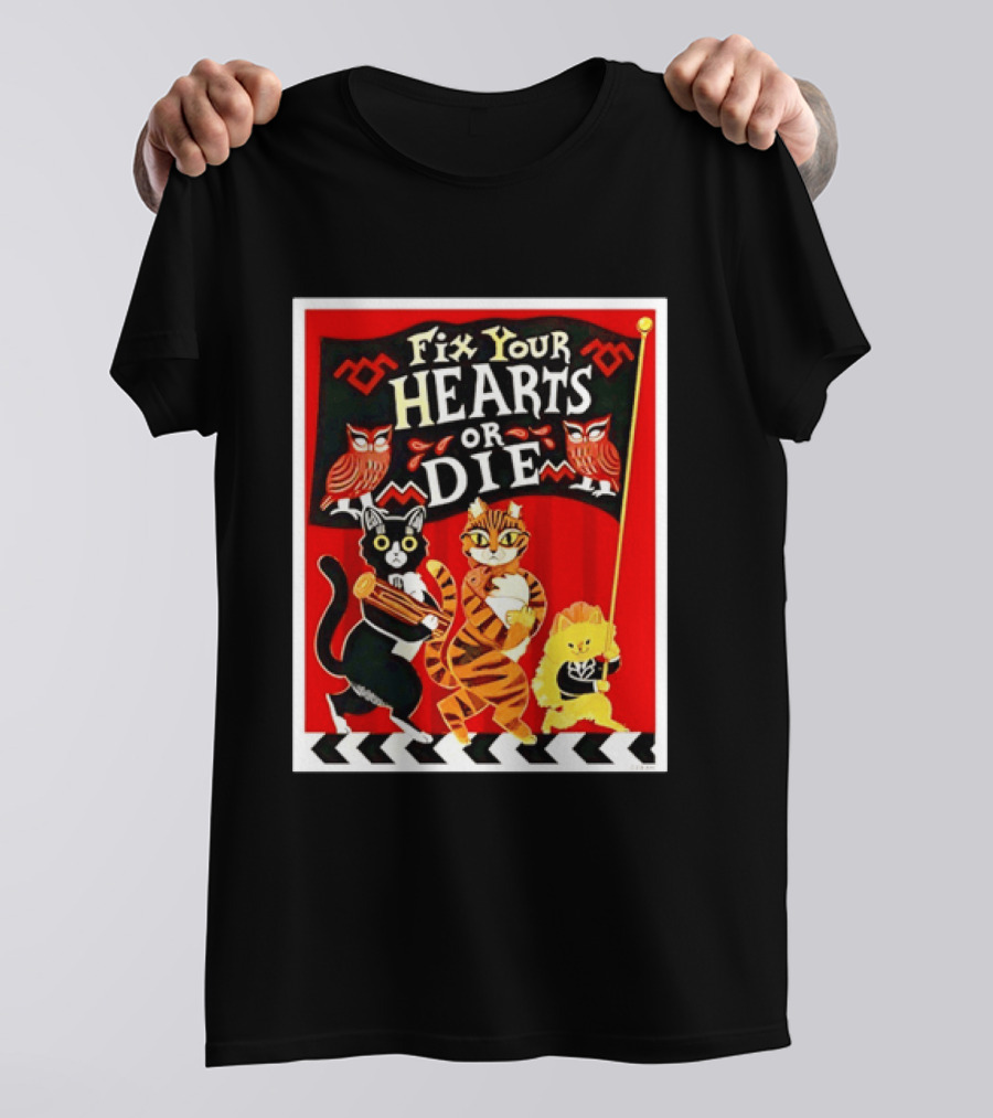 Twin Peaks Cats Fix Your Hearts Or Die David Lynch Owls Red Banner T-Shirt