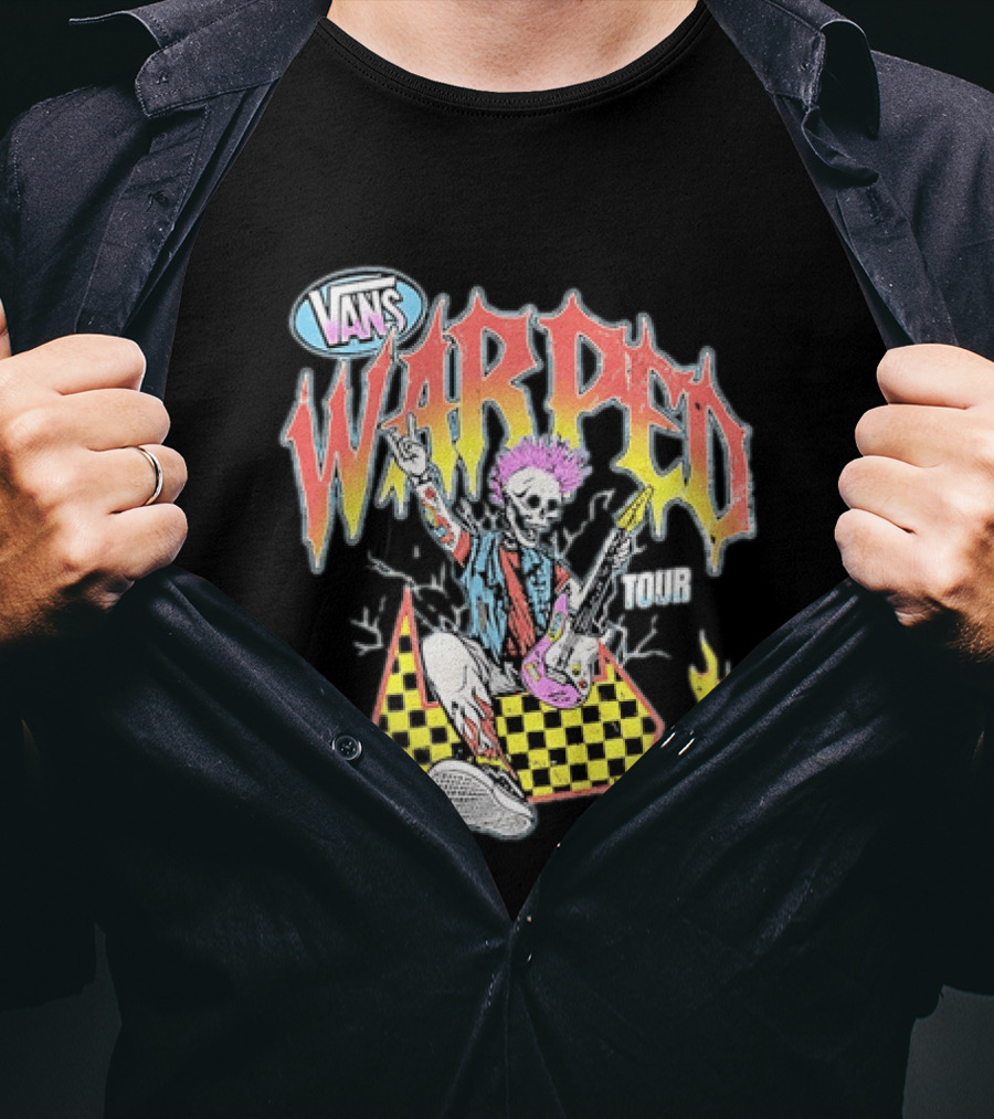 Vans Warped Tour 2026 Punk Rock Skeleton Guitarist With Colorful Mohawk T-Shirt