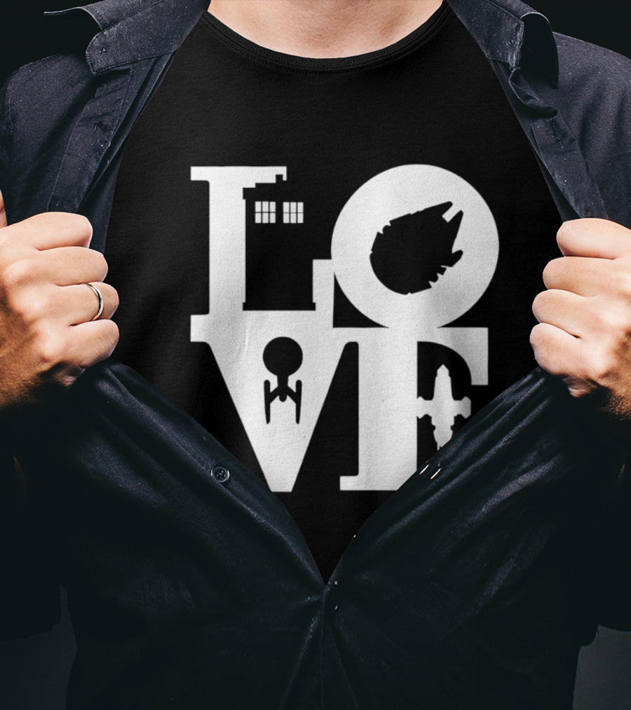 TARDIS Millennium Falcon Enterprise Serenity Sci Fi Love Mashup T-Shirt