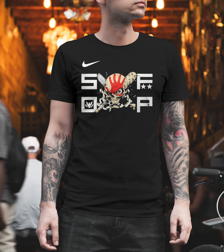 SDFP Skull Chains Brass Knuckles Design With Nike Logo And Red Handprint T-Shirt