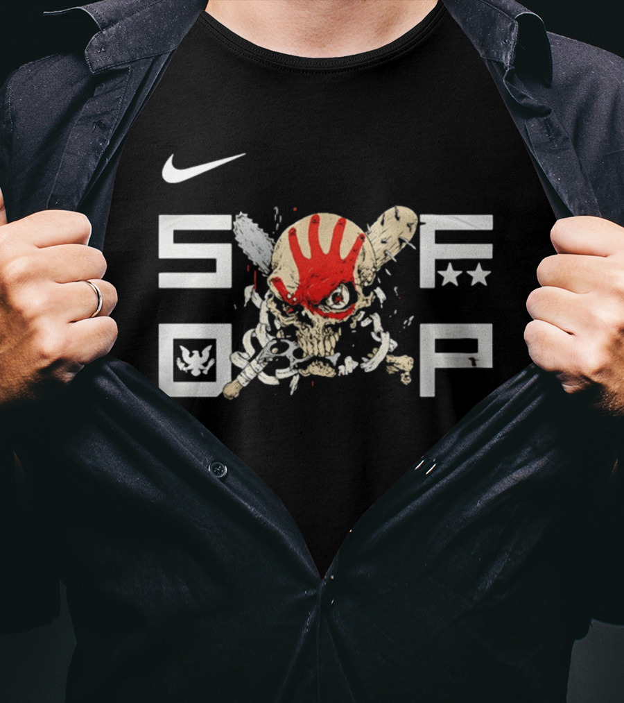 SDFP Skull Chains Brass Knuckles Design With Nike Logo And Red Handprint T-Shirt