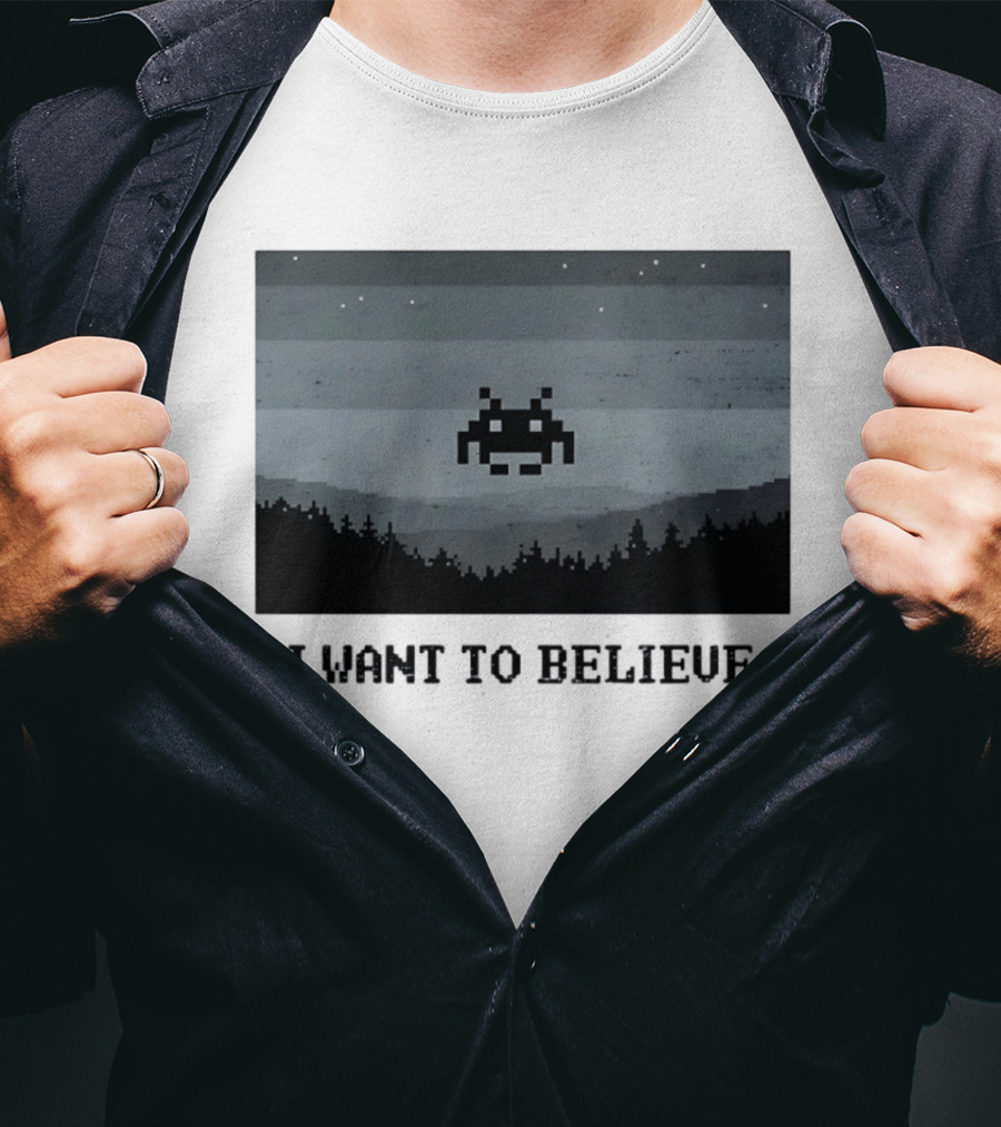 I Want To Believe Space Invader Pixel UFO Forest Scene T-Shirt