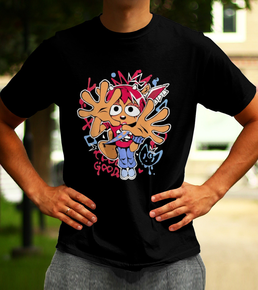 True Good Anime Distressed Graffiti Cartoon Character With Red Hair And Large Hands T-Shirt