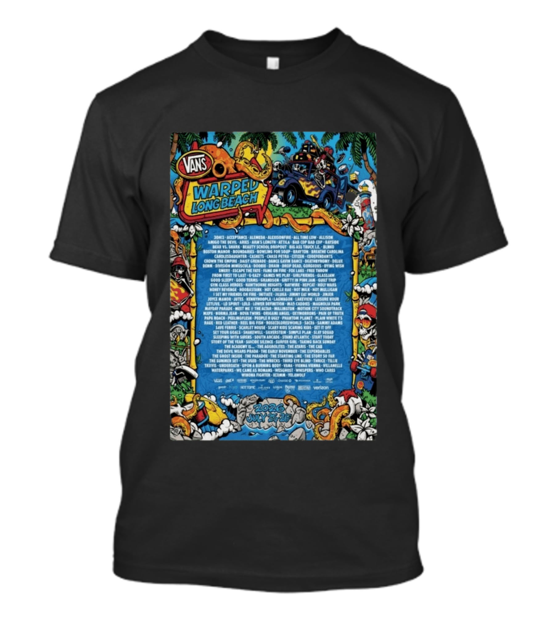 Vans Warped Tour 2026 Long Beach July 25 Four Year Strong Yellowcard Real Friends Set It Off Texas Rose Doll Riot Stage Budweiser Verizon T-Shirt