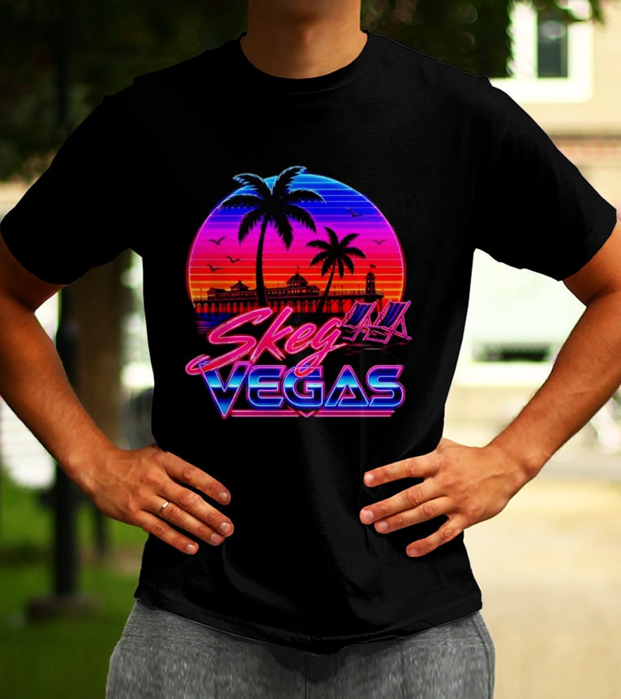Skeg Vegas Beach Pier Sunset Skegness Retro Neon T-Shirt