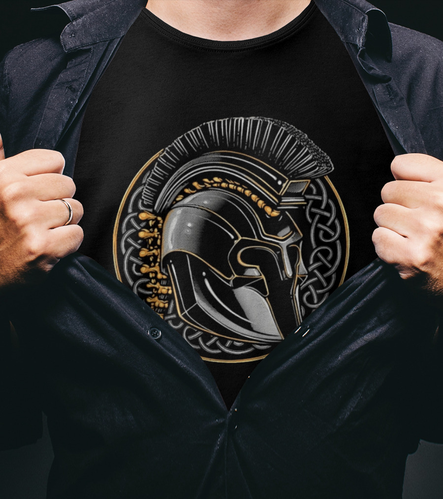Spartan Helmet Celtic Knot Motif With Braided Spinal Column T-Shirt