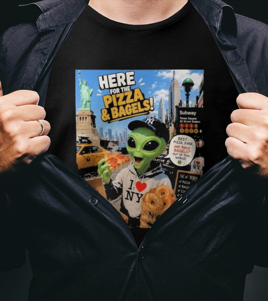 NYC Alien Loves Pizza And Bagels With Statue Of Liberty And Times Square Subway T-Shirt