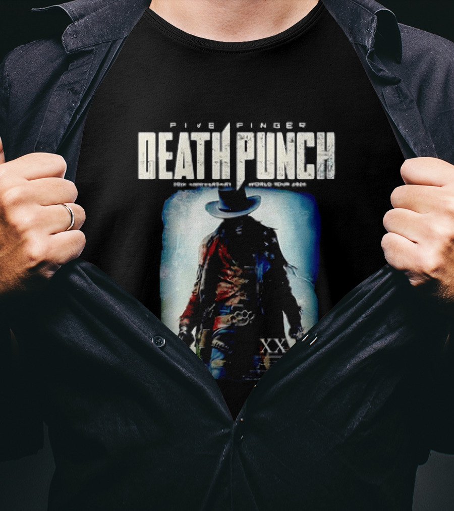 Five Finger Death Punch 20th Anniversary World Tour 2026 Cowboy Imagery With Knuckle Duster And Pistols T-Shirt