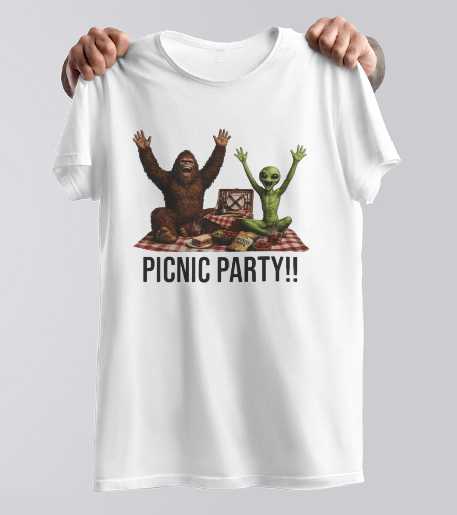 Bigfoot And Alien Picnic Party With Chips And Sandwiches T-Shirt