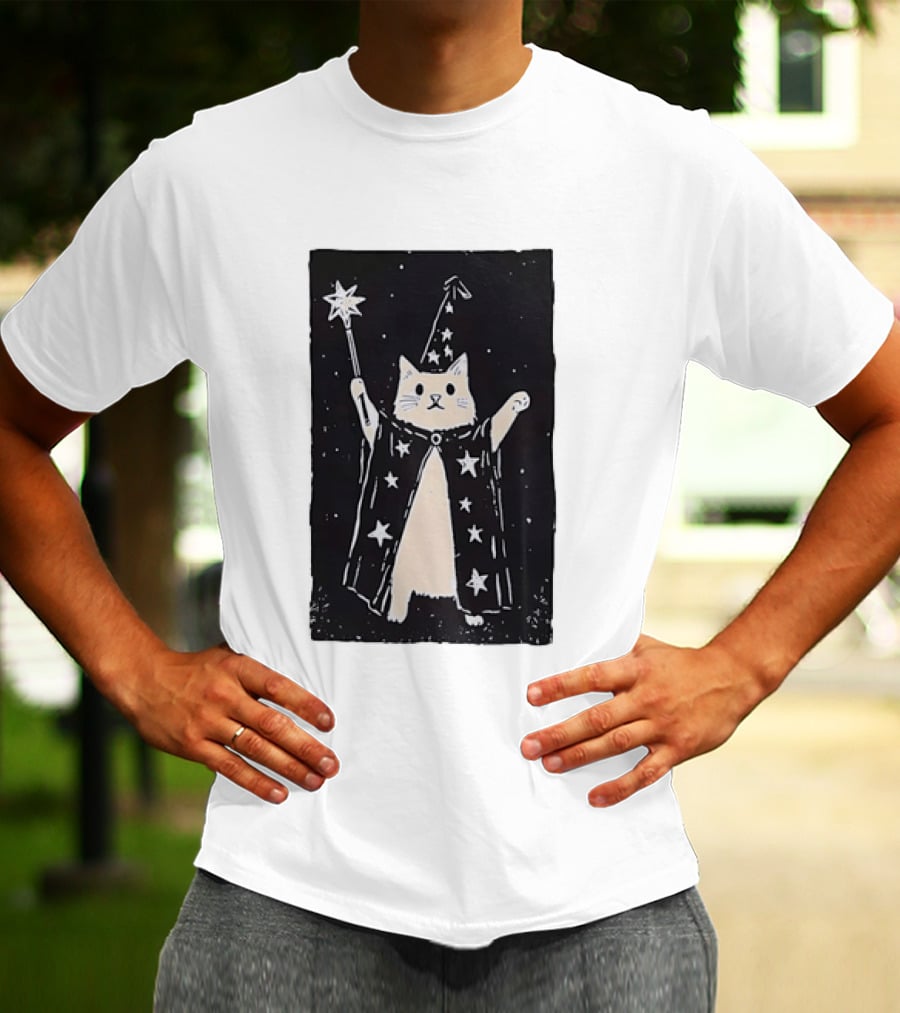 The Magician Cat Tarot Card Wizard Hat Starry Cloak Magic Wand T-Shirt