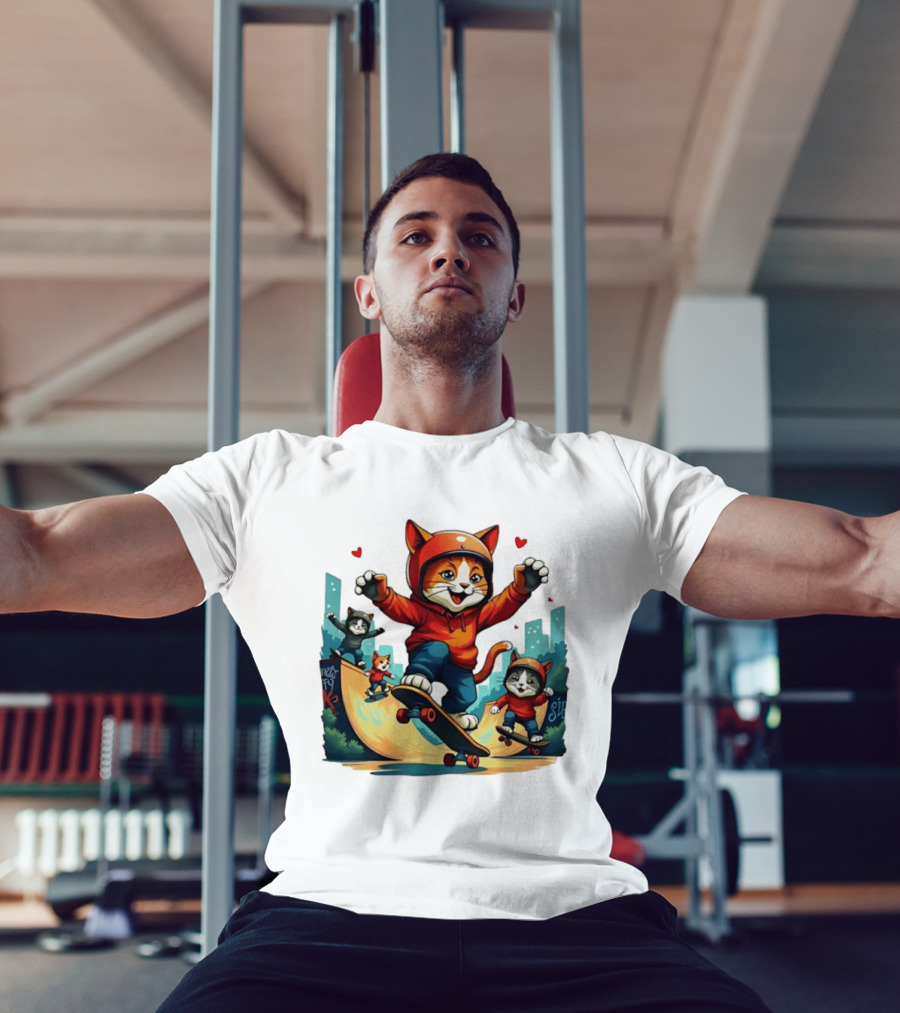 Skateboarding Cats In Helmets With Hearts And Cityscape T-Shirt