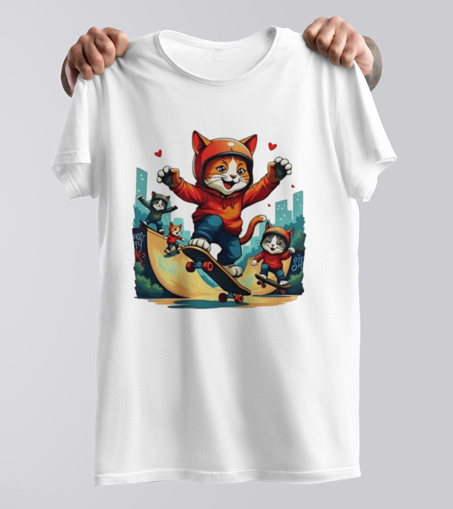 Skateboarding Cats In Helmets With Hearts And Cityscape T-Shirt