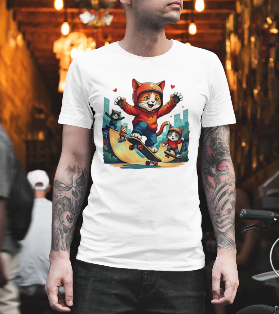 Skateboarding Cats In Helmets With Hearts And Cityscape T-Shirt