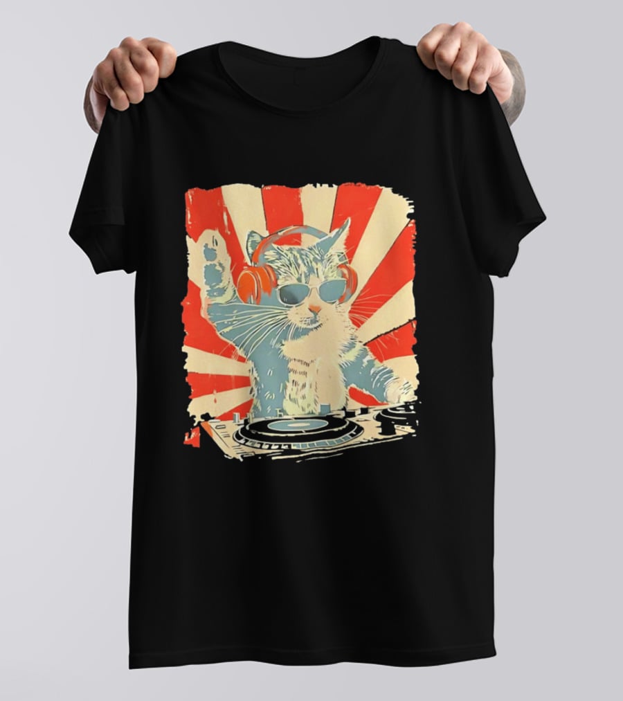 DJ Cat Headphones Sunglasses Retro Style Music Lover T-Shirt