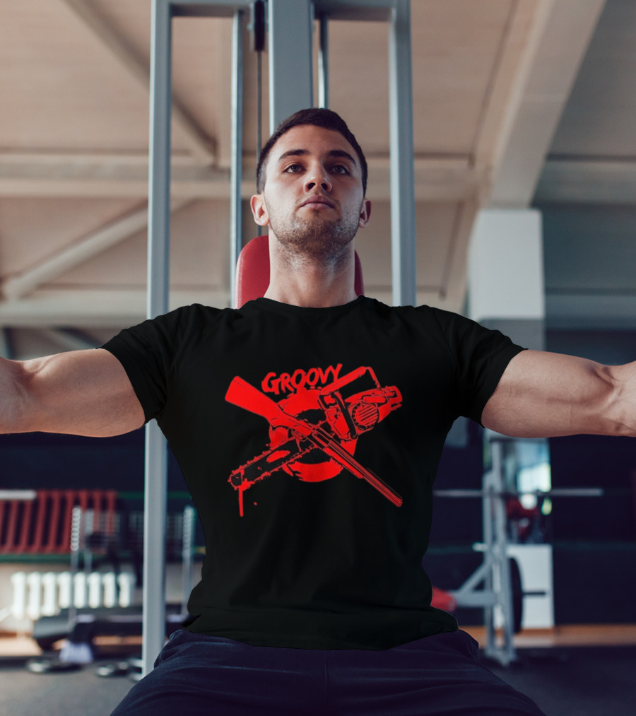Ash Williams Evil Dead Groovy Chainsaw Shotgun T-Shirt