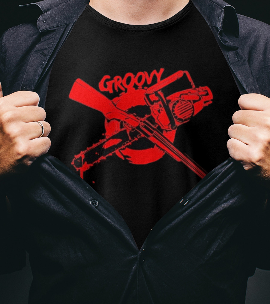 Ash Williams Evil Dead Groovy Chainsaw Shotgun T-Shirt