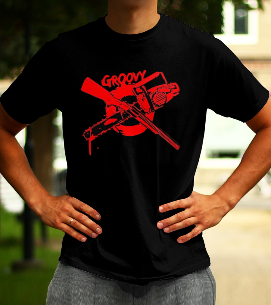 Ash Williams Evil Dead Groovy Chainsaw Shotgun T-Shirt