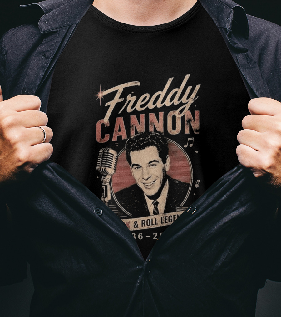 Freddy Cannon Rock & Roll Legend In Loving Memory 1936 2026 Microphone Musical Notes T-Shirt