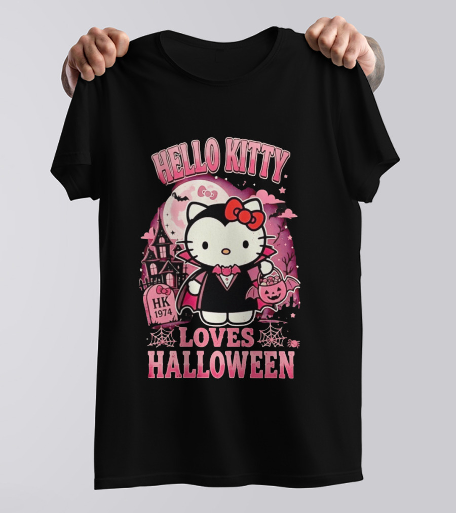 Hello Kitty Loves Halloween Vampire Costume Pink Bats And Haunted House T-Shirt