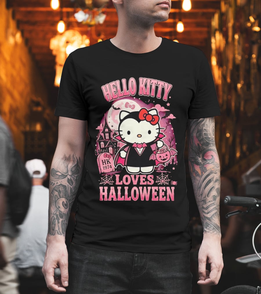 Hello Kitty Loves Halloween Vampire Costume Pink Bats And Haunted House T-Shirt