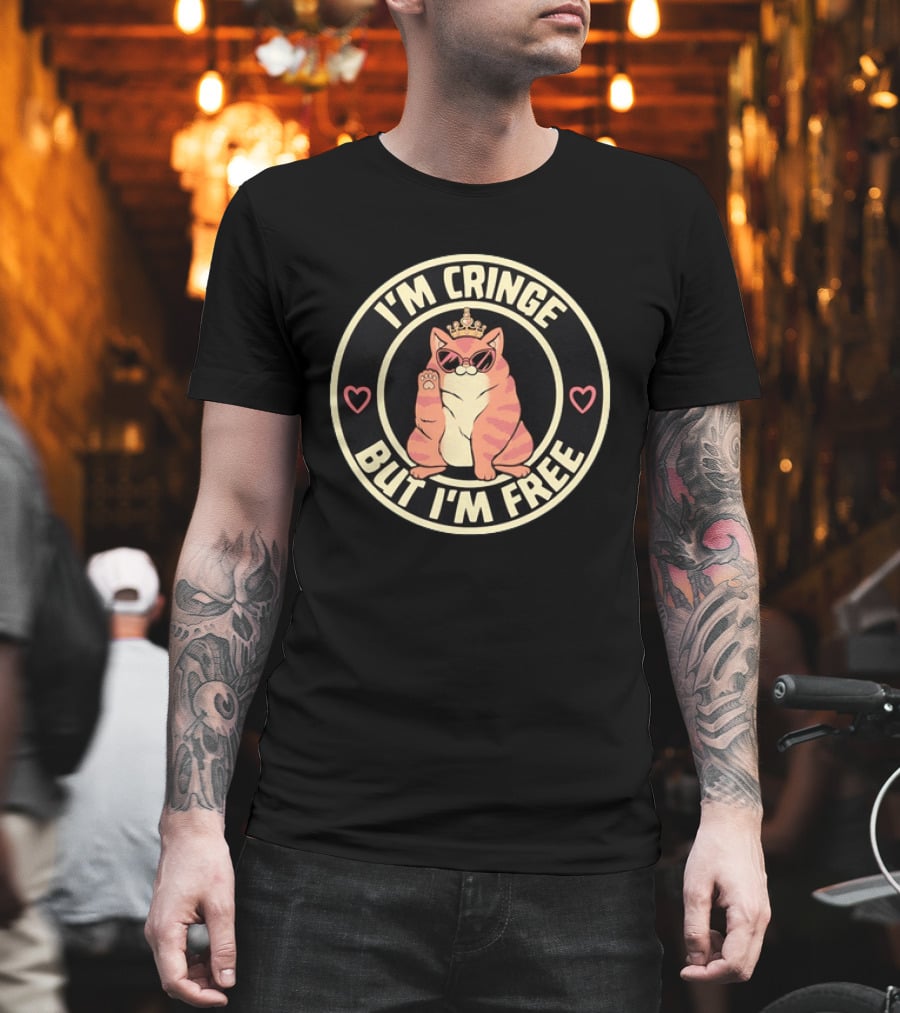I'm Cringe But I'm Free Cat Crown Sunglasses Hearts T-Shirt