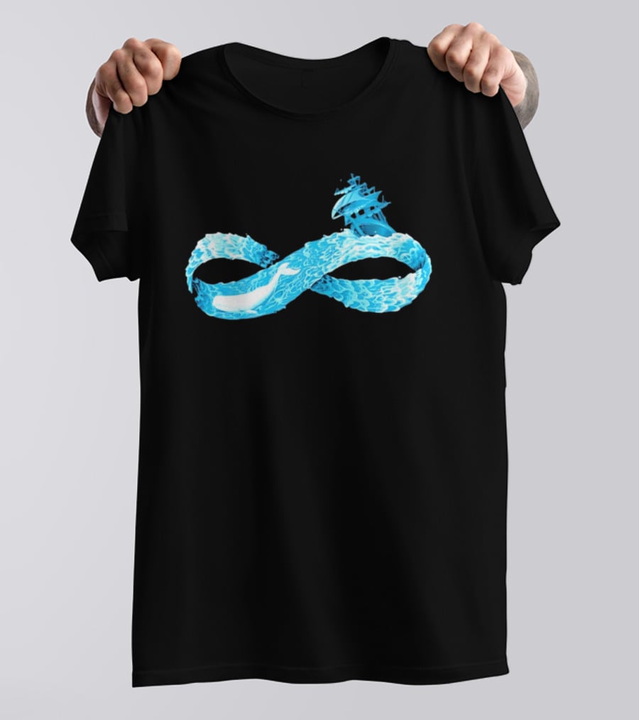 Infinity Symbol With Whale Swimming Beneath Sailing Ship Formed By Ocean Waves T-Shirt