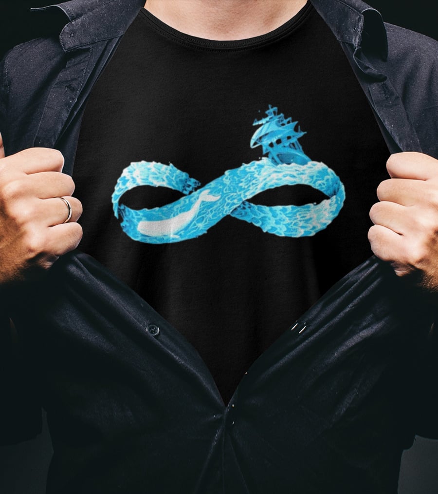 Infinity Symbol With Whale Swimming Beneath Sailing Ship Formed By Ocean Waves T-Shirt
