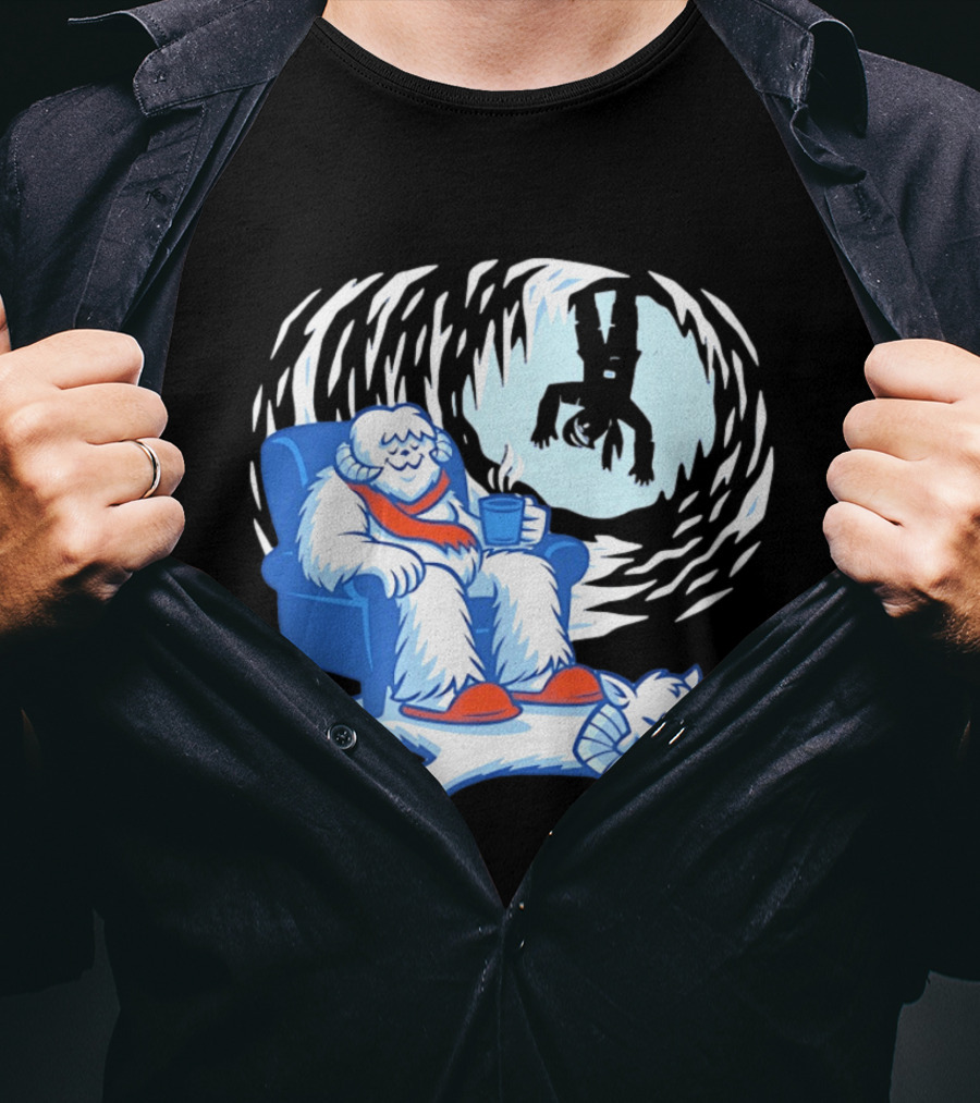 Yeti Relaxing In A Chair With Hot Drink And Abominable Snowman Rug T-Shirt
