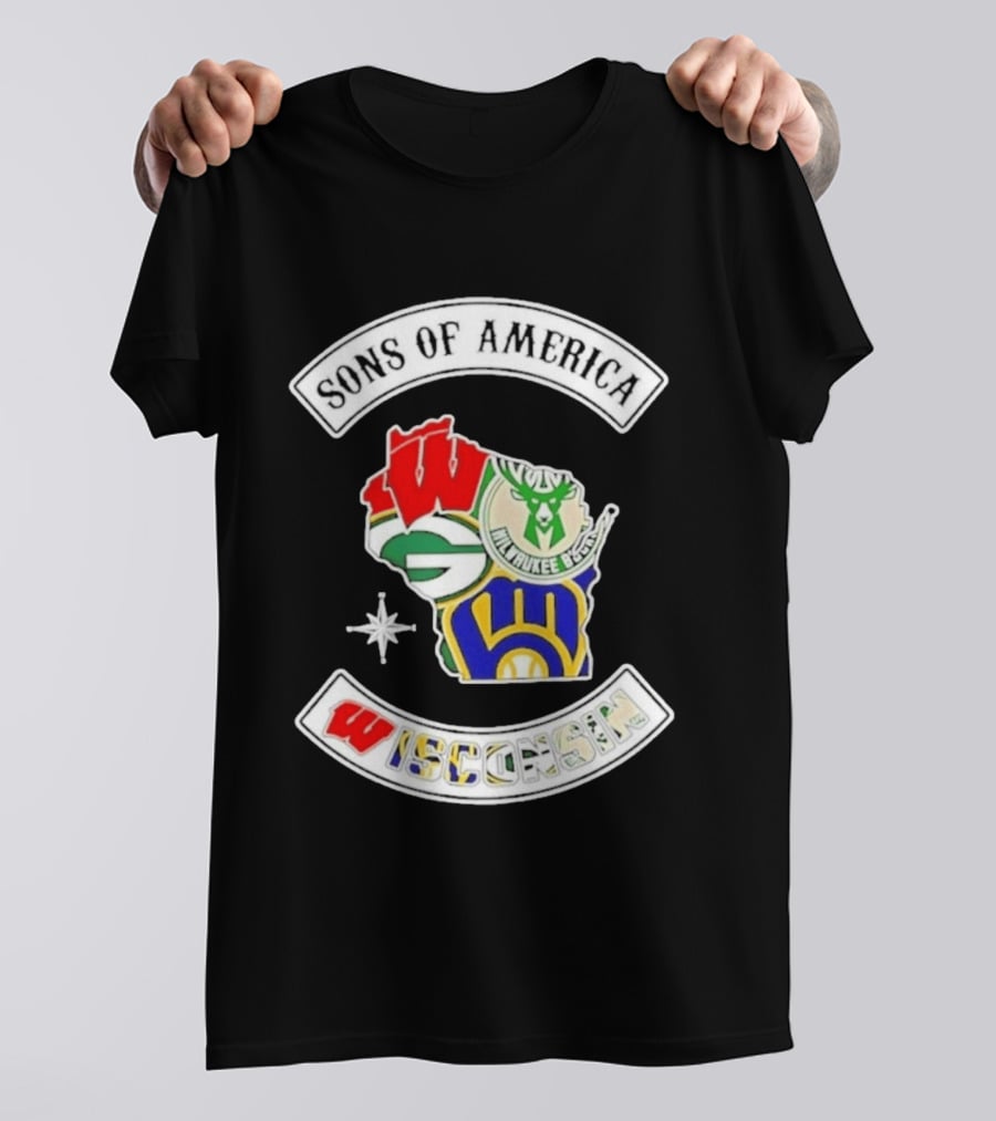 Sons Of America Wisconsin Map Milwaukee Brewers Green Bay Packers Badgers Bucks T-Shirt