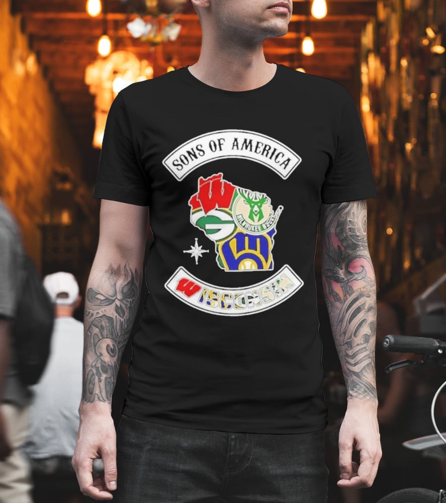 Sons Of America Wisconsin Map Milwaukee Brewers Green Bay Packers Badgers Bucks T-Shirt