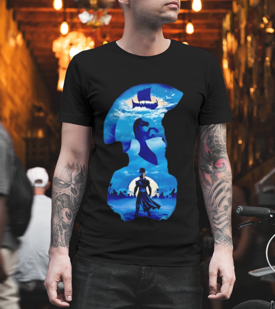 Spartan Warrior With Trojan Horse And Ancient Ship In Mythical Blue Scene T-Shirt
