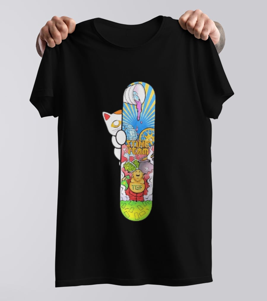 Stinc Team TGF Buddha Cat With Skateboard And Dripping Paint Aesthetic T-Shirt