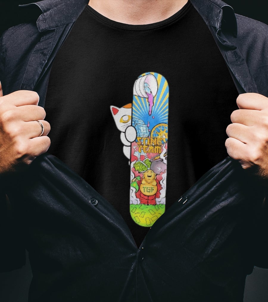 Stinc Team TGF Buddha Cat With Skateboard And Dripping Paint Aesthetic T-Shirt