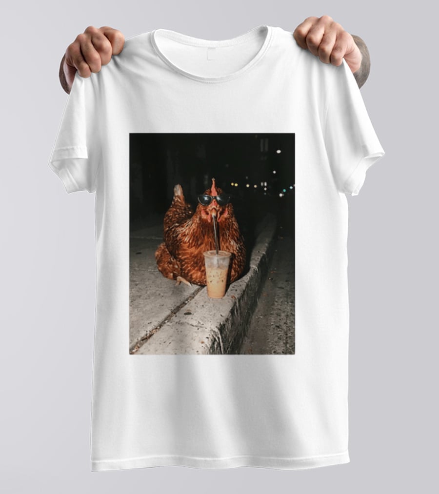 Chicken Wearing Sunglasses Drinking Iced Coffee At Night T-Shirt