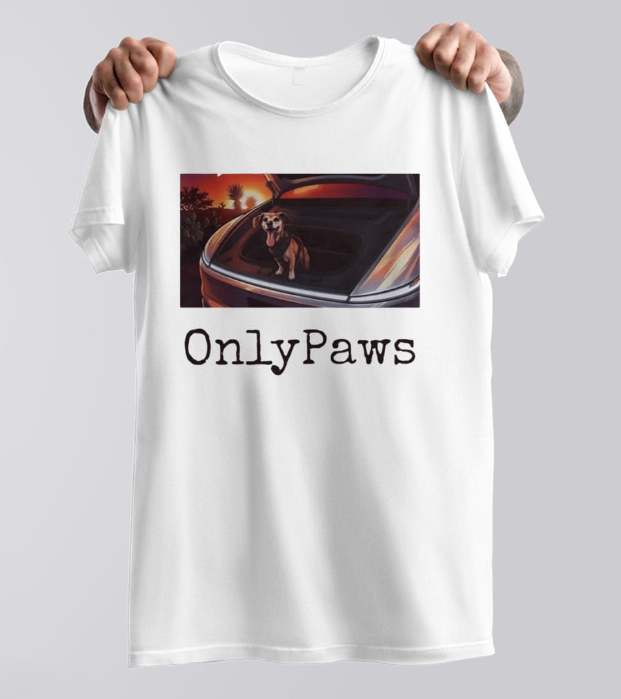 OnlyPaws Dog In Car Trunk At Sunset Desert Scene T-Shirt