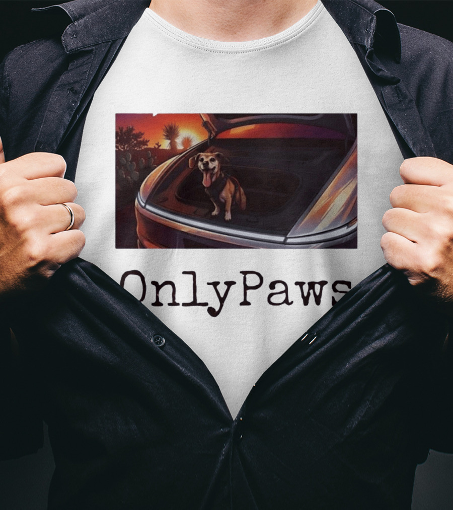 OnlyPaws Dog In Car Trunk At Sunset Desert Scene T-Shirt