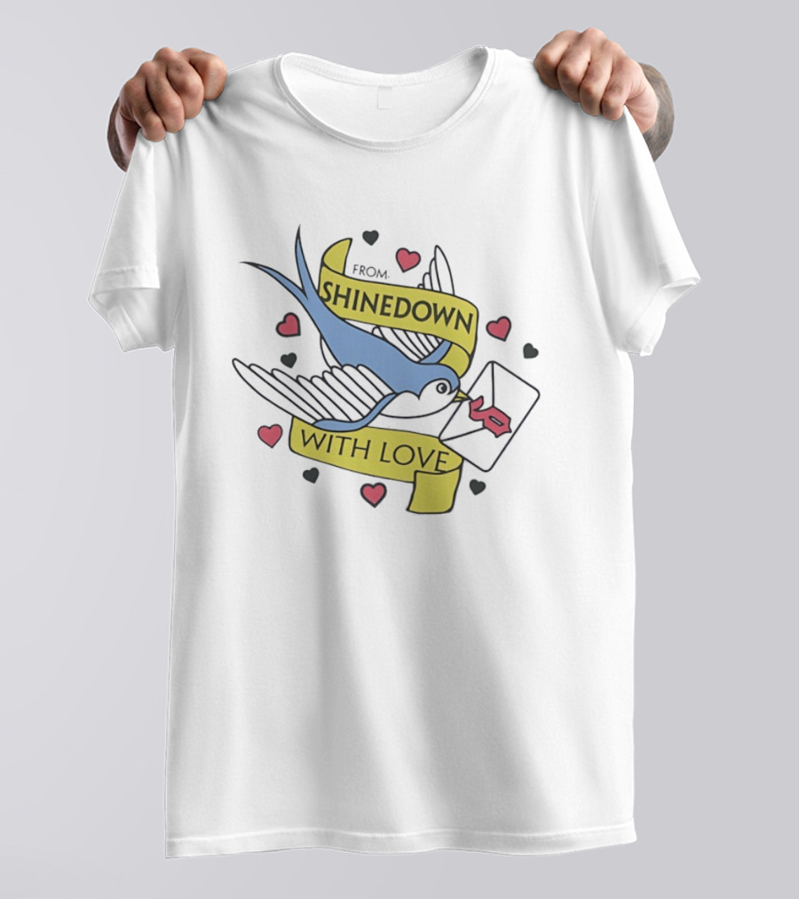 From Shinedown With Love Swallow Bird Carrying Letter Hearts Rock Music T-Shirt