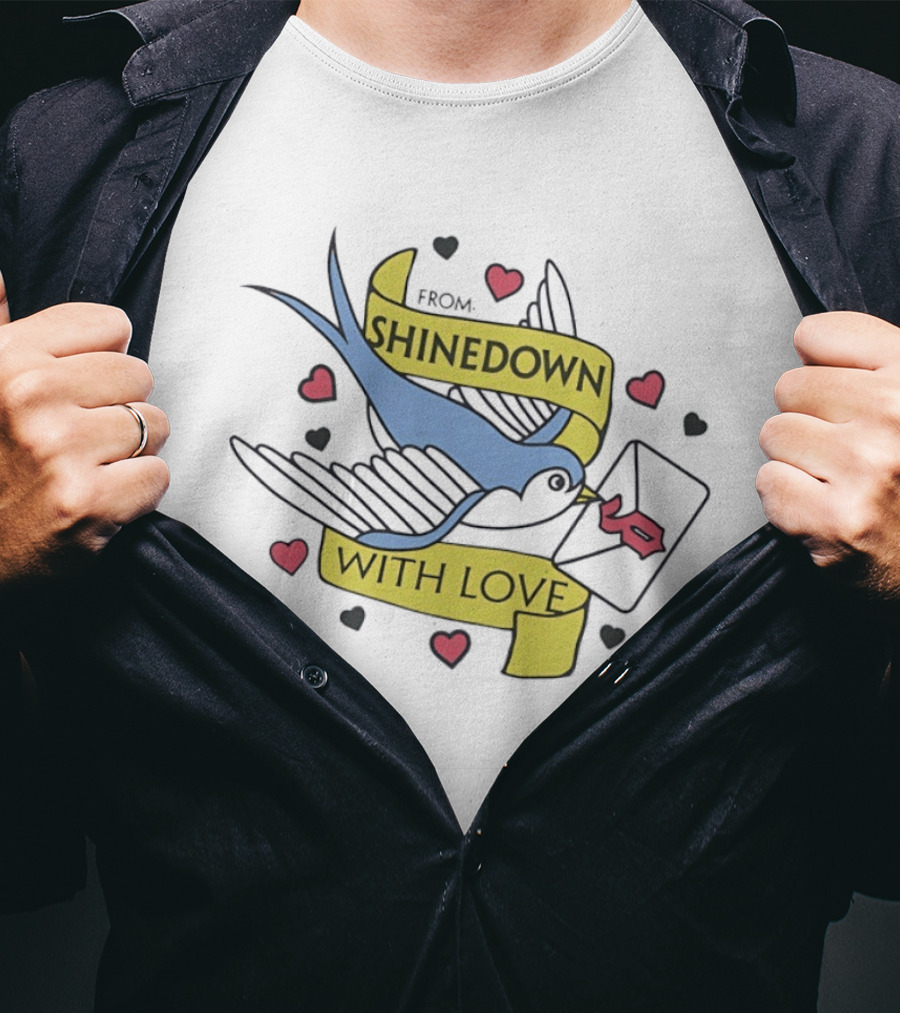 From Shinedown With Love Swallow Bird Carrying Letter Hearts Rock Music T-Shirt