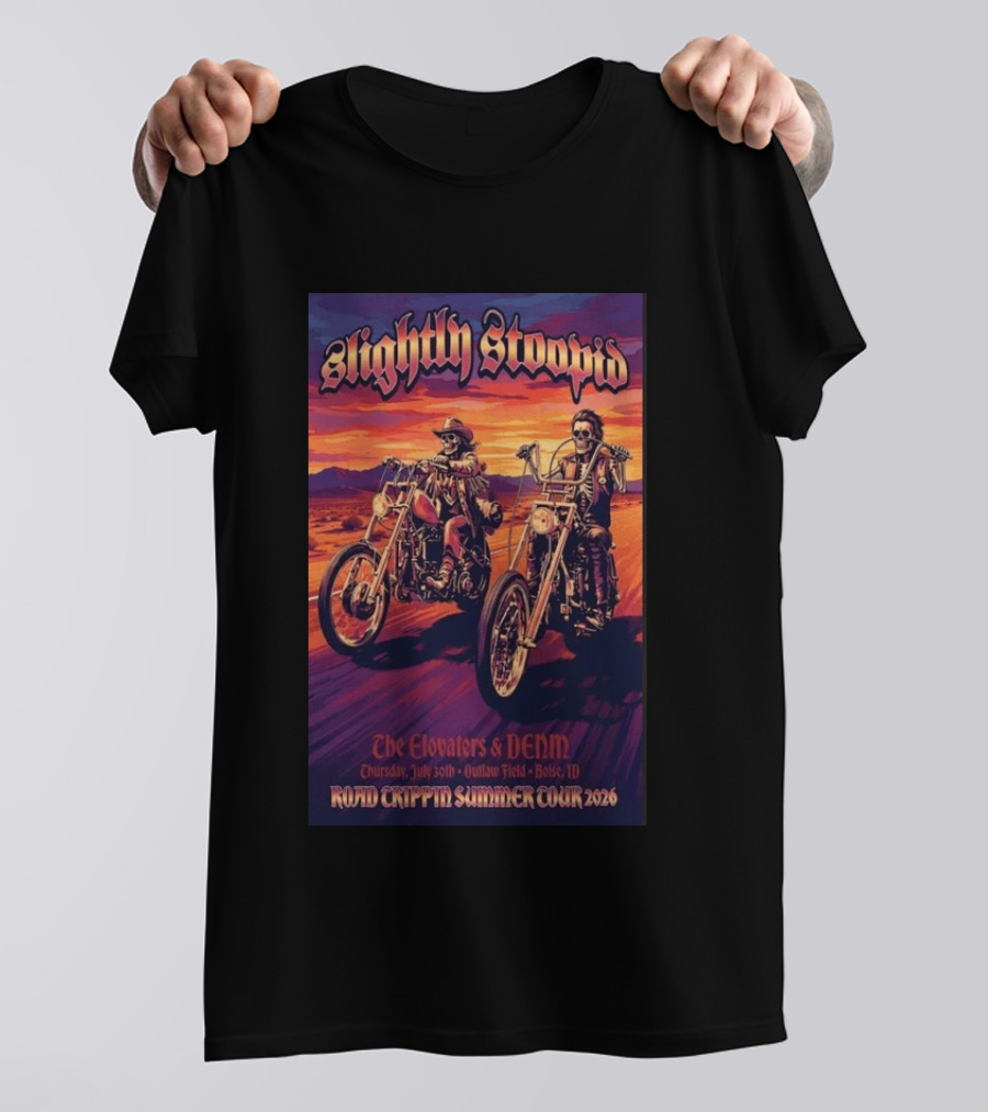 Slightly Stoopid Road Trippin Summer Tour 2026 The Elovaters DENM Boise Thursday July 30 Outlaw Field T-Shirt