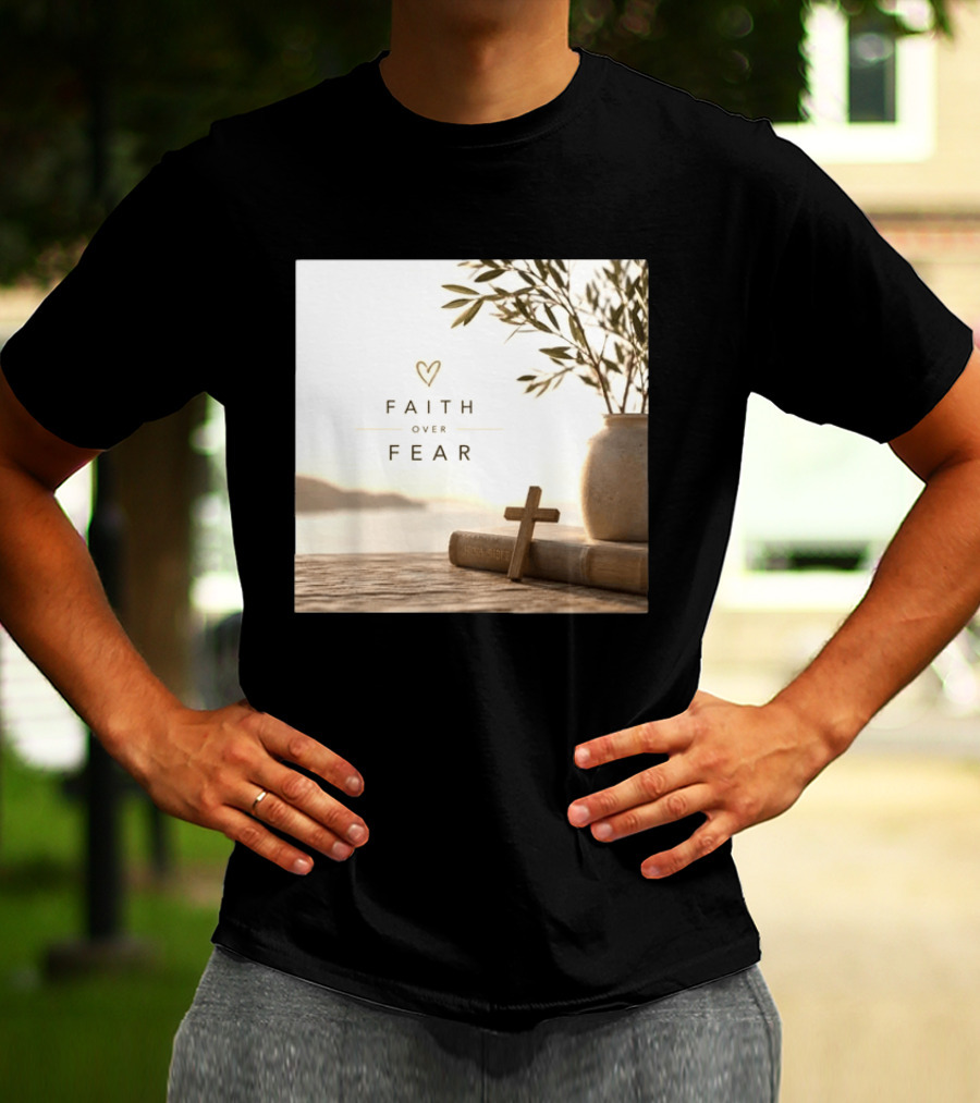 Faith Over Fear Christian Cross Heart With Bible And Olive Branches T-Shirt