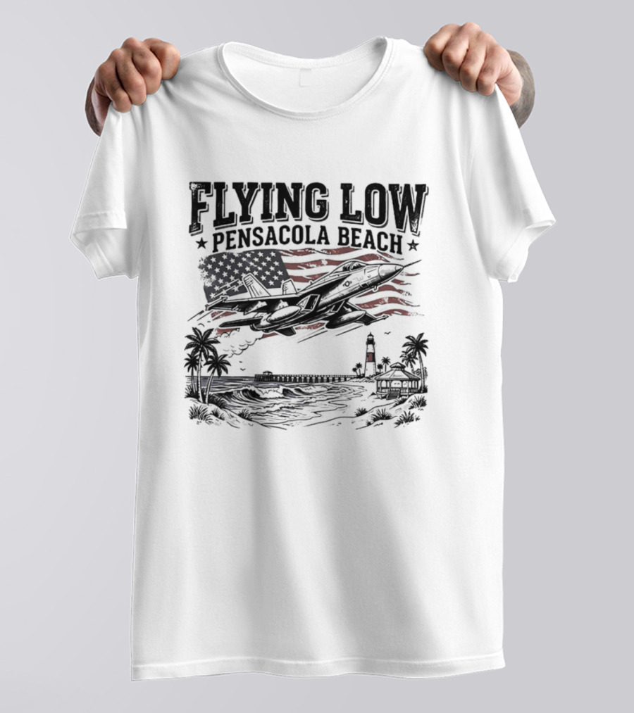 Flying Low Pensacola Beach American Flag Fighter Jet Scenic Beach View T-Shirt