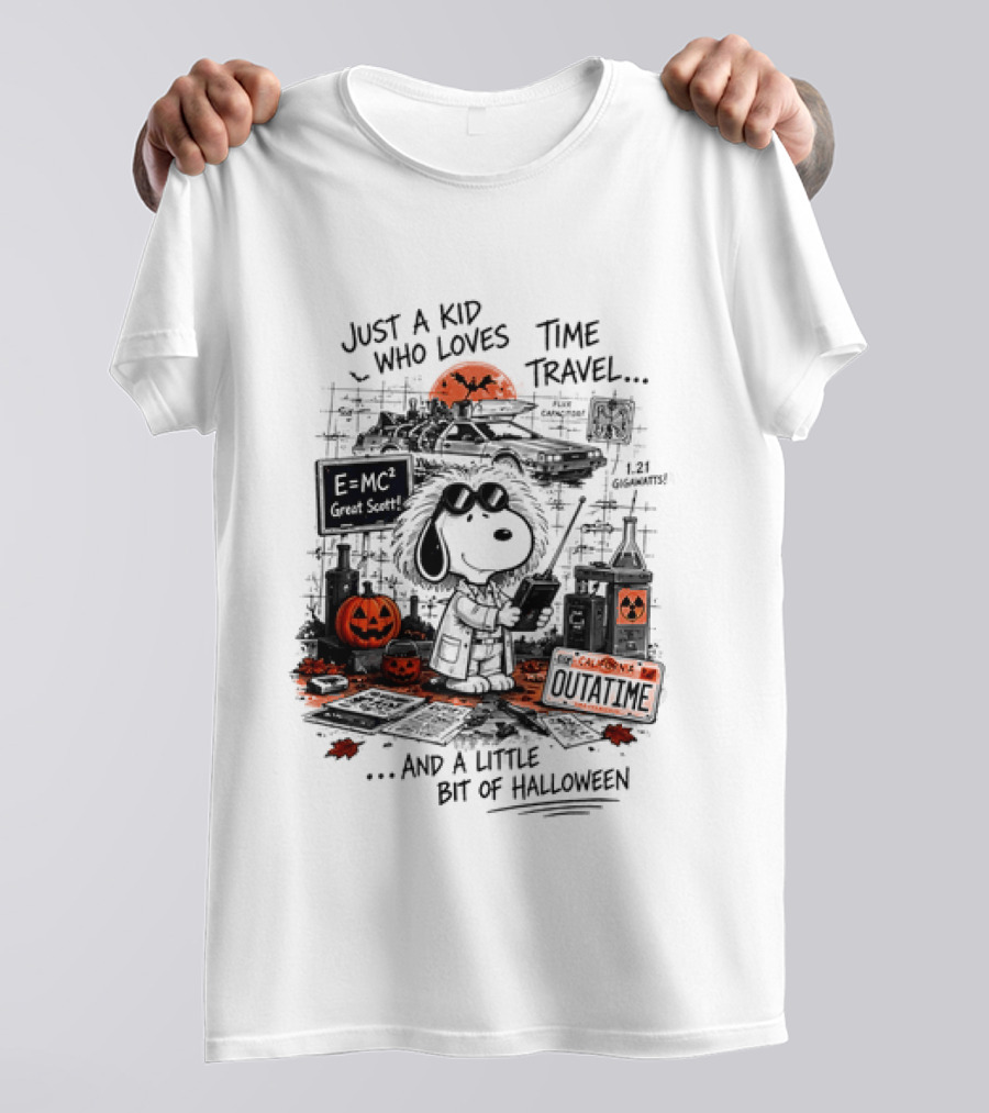 Snoopy Just A Kid Who Loves Time Travel Halloween Pumpkin Scene T-Shirt