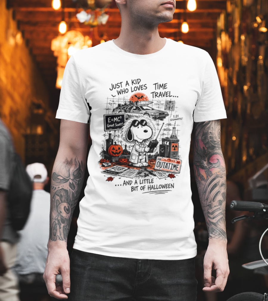 Snoopy Just A Kid Who Loves Time Travel Halloween Pumpkin Scene T-Shirt
