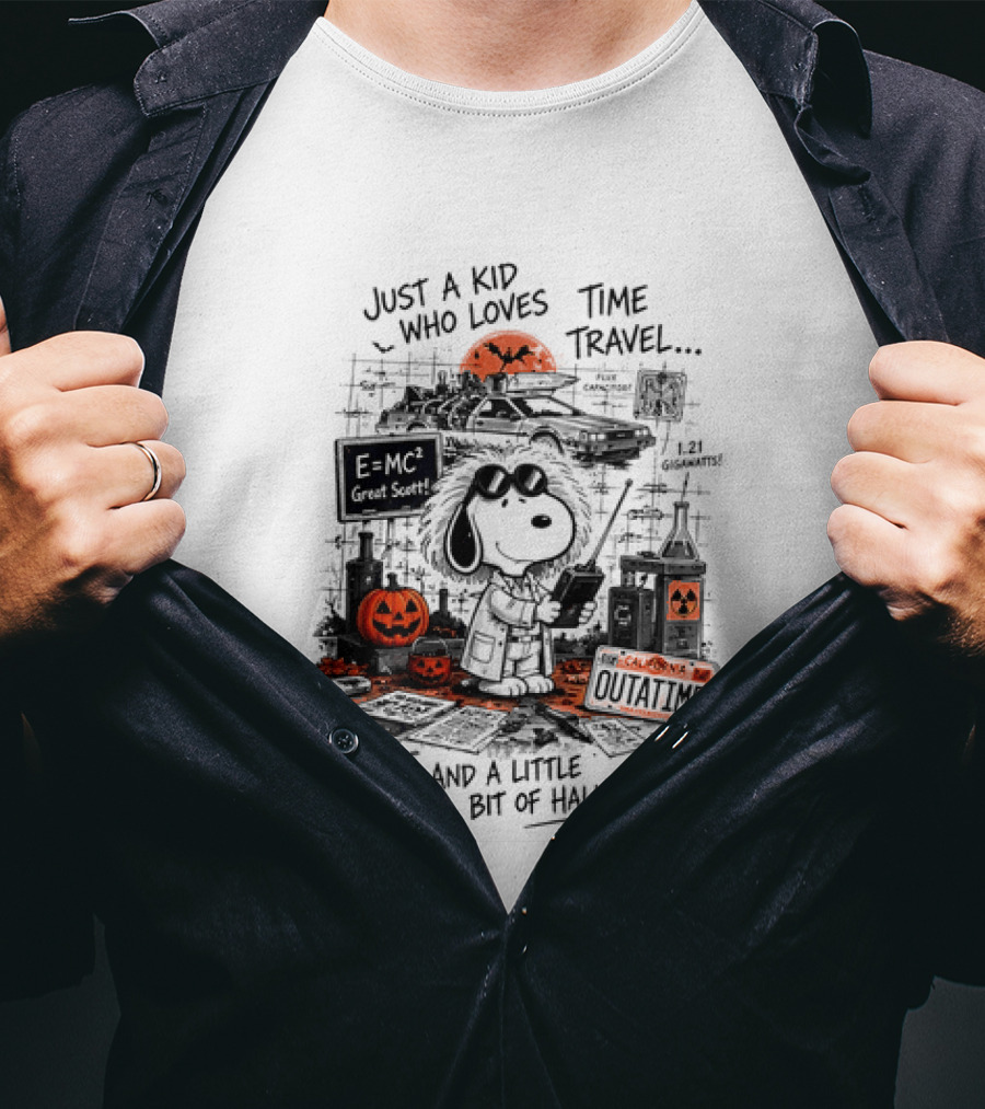 Snoopy Just A Kid Who Loves Time Travel Halloween Pumpkin Scene T-Shirt