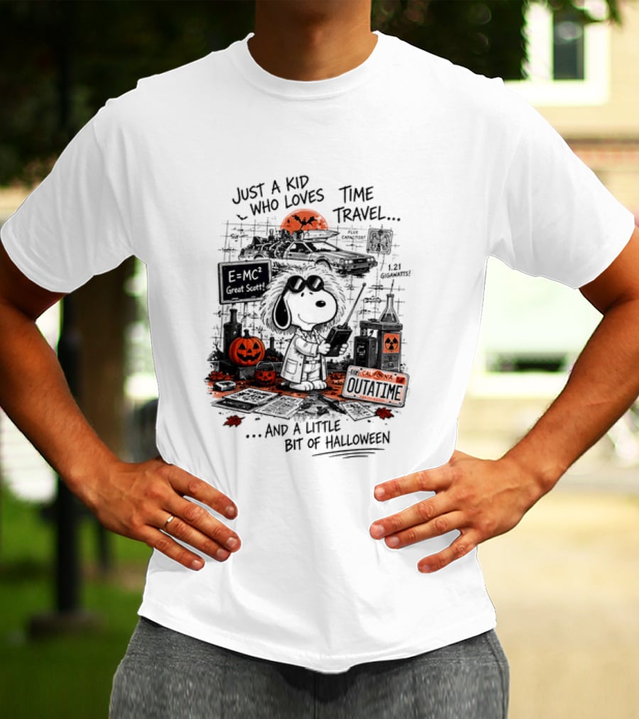 Snoopy Just A Kid Who Loves Time Travel Halloween Pumpkin Scene T-Shirt