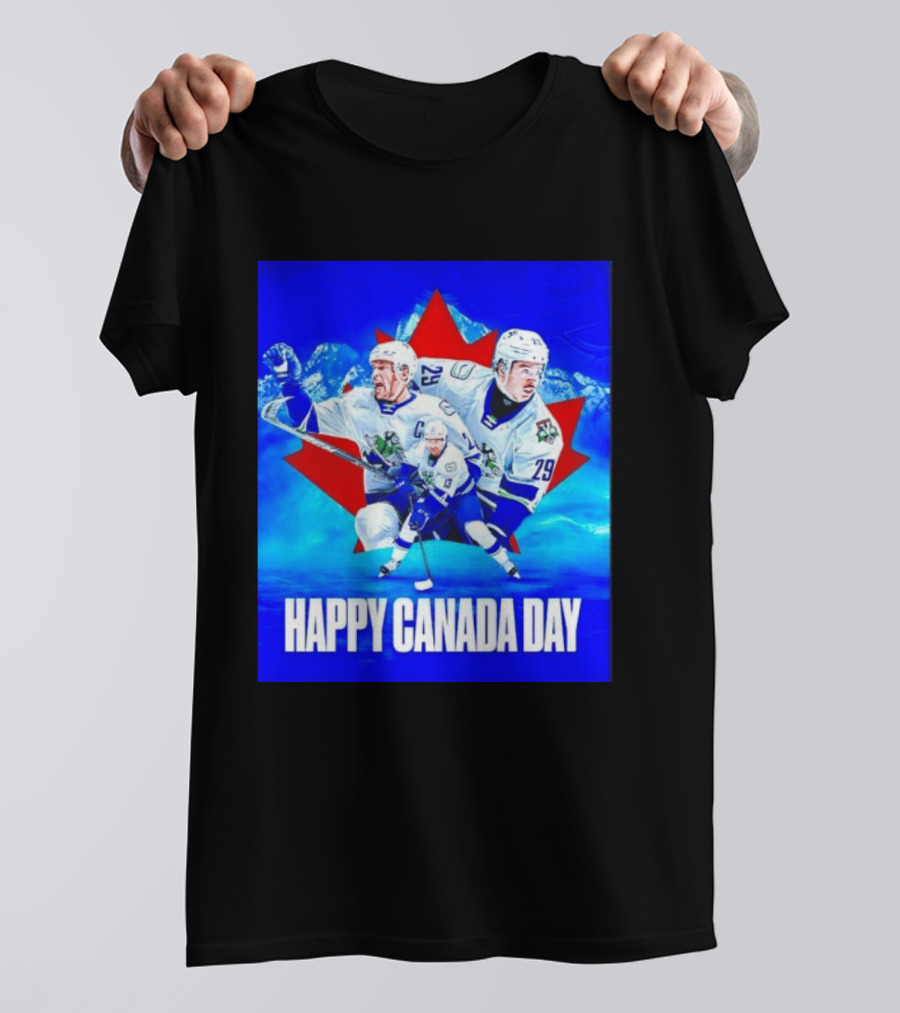 Abbotsford Canucks Happy Canada Day Celebration Collage With Hockey Players And Maple Leaf T-Shirt