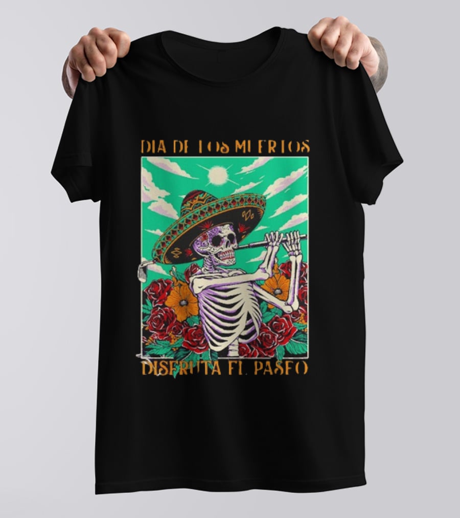 Calavera Golfer Día De Los Muertos Sombrero Flores Disfruta El Paseo T-Shirt