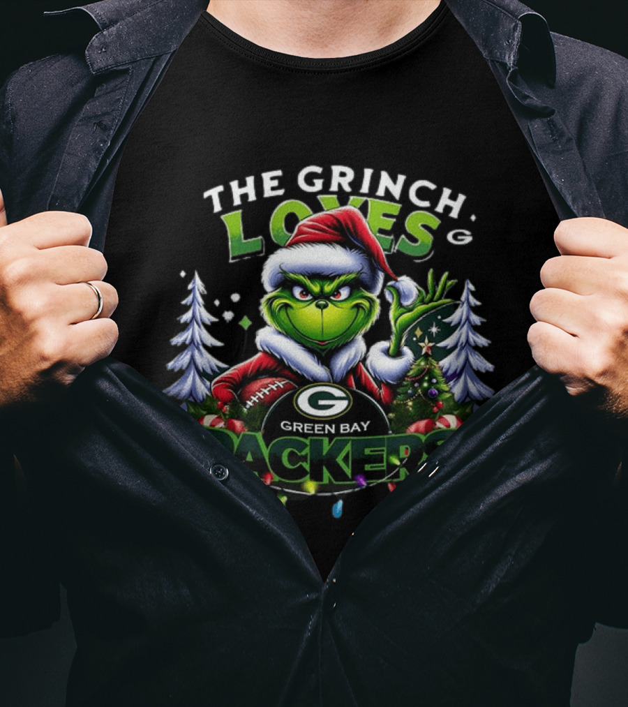 The Grinch Loves Green Bay Packers Christmas Tree Football T-Shirt