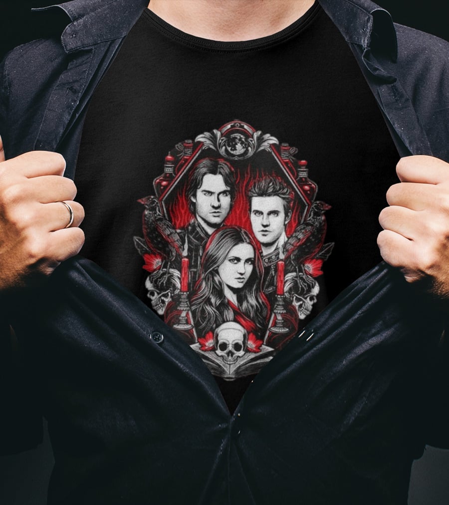 Vampire Blood The Vampire Diaries Damon Salvatore Stefan Salvatore Elena Gilbert Skull Candle Ravens T-Shirt
